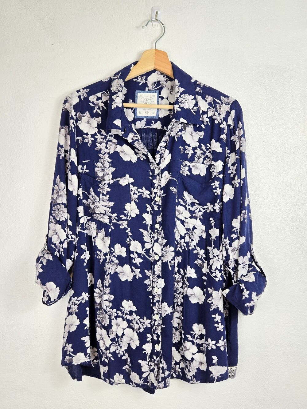 Style & Co Navy Blue Floral Long Sleeve Button Down Shirt Fold Up Sleeves 1X
